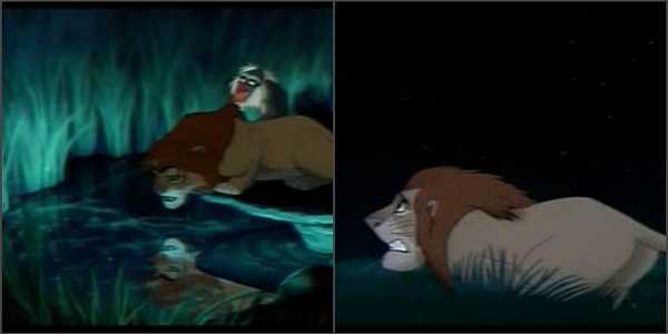 1. Симба пытается увидеть отца в своем отражении в реке, потом поднимает глаза и видит его в небе. Когда образ Муфасы рассеивается, то Симба начинает бежать... по полю, хотя до этого перед ним явно был какой-то водоем.