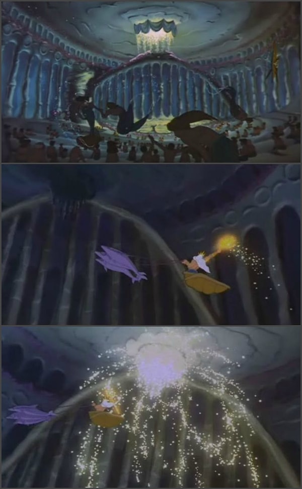 4. В самом начале "Русалочки" мы видим зал, освещенный большой люстрой. Однако когда царь Тритон подплывает к ней, она не горит, хотя в зале все так же светло. Ну и в довершение, Тритон снова торжественно ее зажигает.