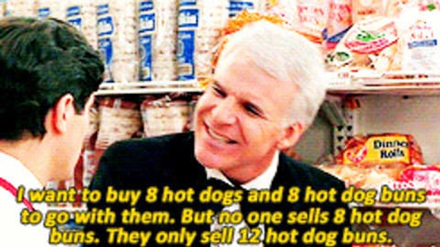11. "The inequality of the number of hot dogs vs. the number of buns in a pack."