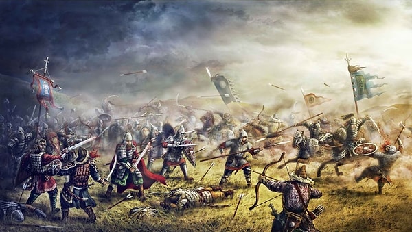 14. Припоминаете битву при Калке? Назовите противников на поле боя: