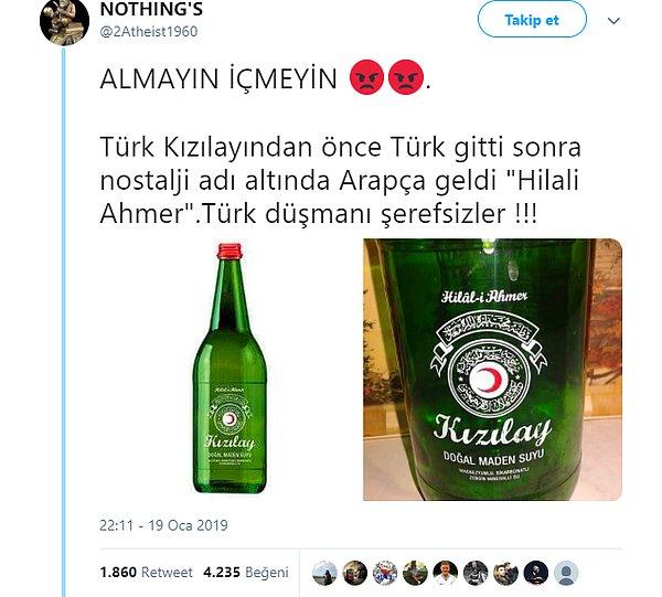 4. "Kızılay Doğal Maden Suyu’nun şişesinden “Türk Kızılayı” yazısı kaldırılıp Arapça etiket konulduğu iddiası."