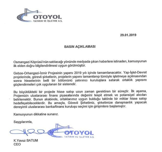 Otoyol A.Ş.: "Yap-İşlet-Devlet projelerinde hisselerin belirli bir bölümünün yatırımcı kuruluşlara satılarak ortaklık yapısını güçlendirmesi çok uygulanan bir sistemdir."