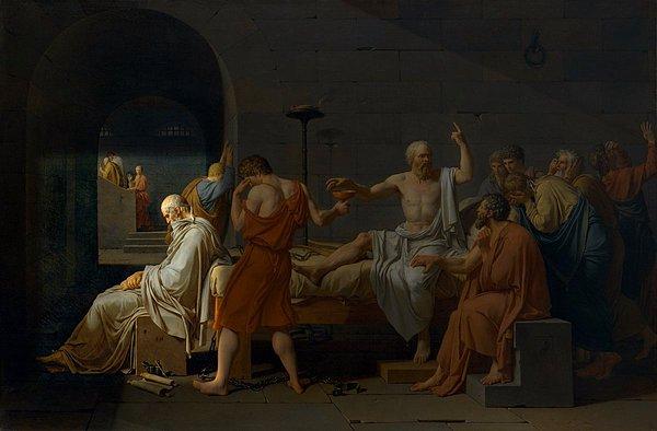 Sokrates'in ölüm yatağının ayak ucunda Platon oturmuş, bu adaletsizliğe sessizce tanıklık ediyor.
