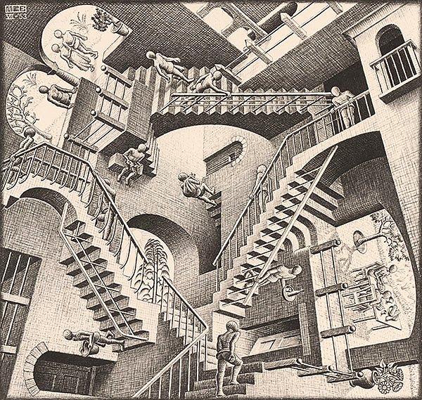 Merdivenler, Hollandalı grafik sanatçısı M.C. Escher'in, alışılmış yer çekimi kanunlarının uygulanmadığı 1953 "Relativity" (İzafiyet) eserini anımsattı.