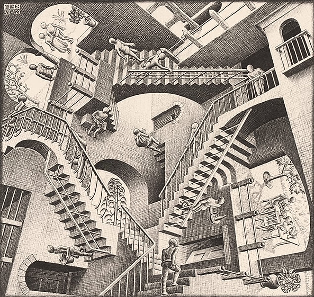 Merdivenler, Hollandalı grafik sanatçısı M.C. Escher'in, alışılmış yer çekimi kanunlarının uygulanmadığı 1953 "Relativity" (İzafiyet) eserini anımsattı.