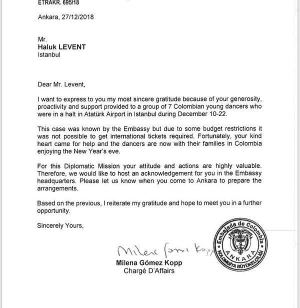 Ayrıca Kolombiya Ankara Büyükelçiliği'nin gönderdiği teşekkür notunu paylaştı: