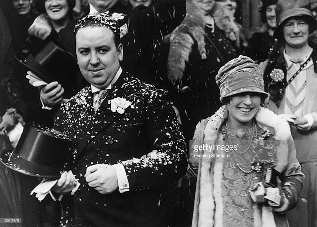16. Alfred Hitchcock at his wedding with Alma Reville in 1926