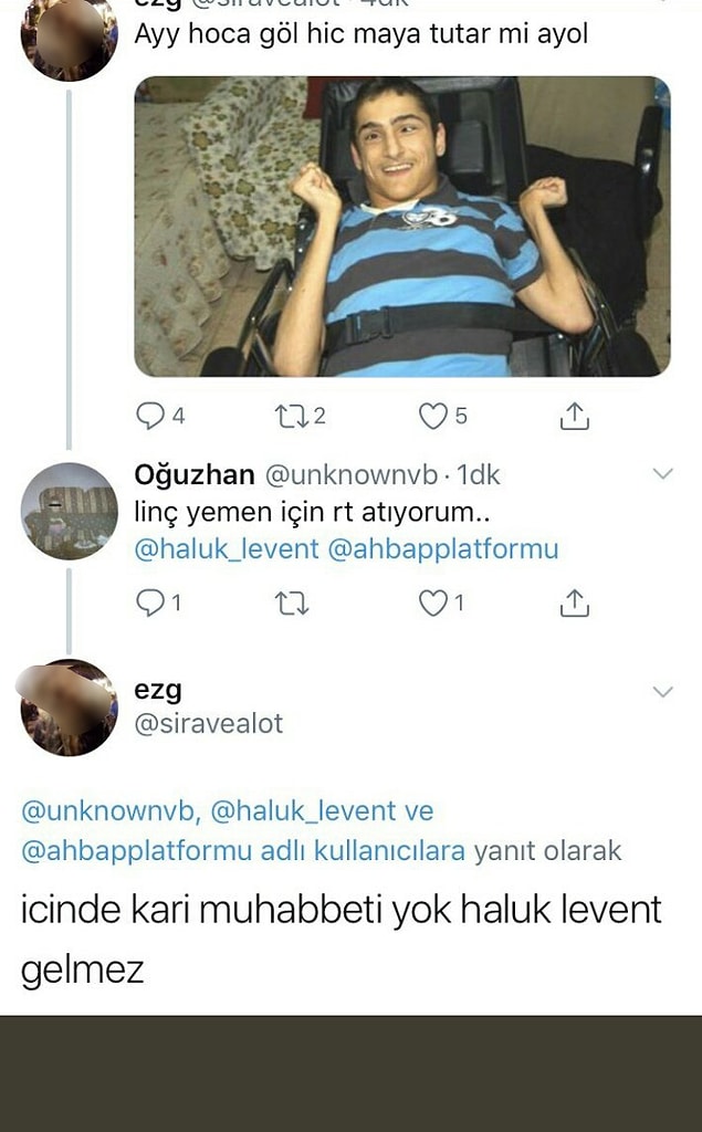 Bu Tweet'i gören bir kullanıcı da Haluk Levent ve AHBAP ekibine bildirdi. Bunun üzerine de tweet sahibi "İçinde karı muhabbeti yok Haluk Levent gelmez." yazdı.