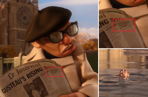 13. Когда Живодэр читает в газете об успехах Лингвини, можно заметить еще одну статью под названием «Воинственный мужчина прыгнул в Сену». Она о самом Живодэре, который оказался в реке, преследуя Реми.