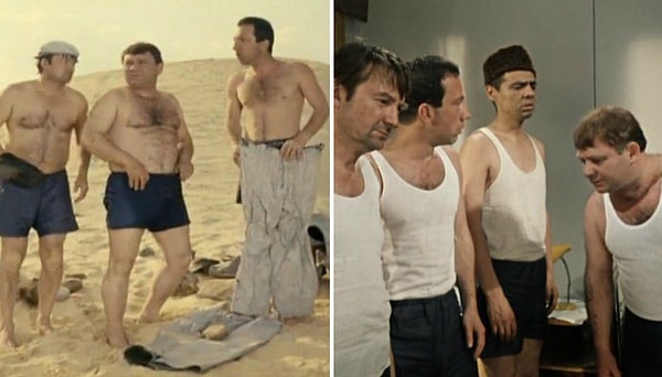 1. В фильме «Джентльмены удачи» у героев после того, как они побывали в машине с цементным раствором, верхняя одежда безнадежно испорчена, а вот трусы и майки почему-то как будто сошли с прилавка магазина.