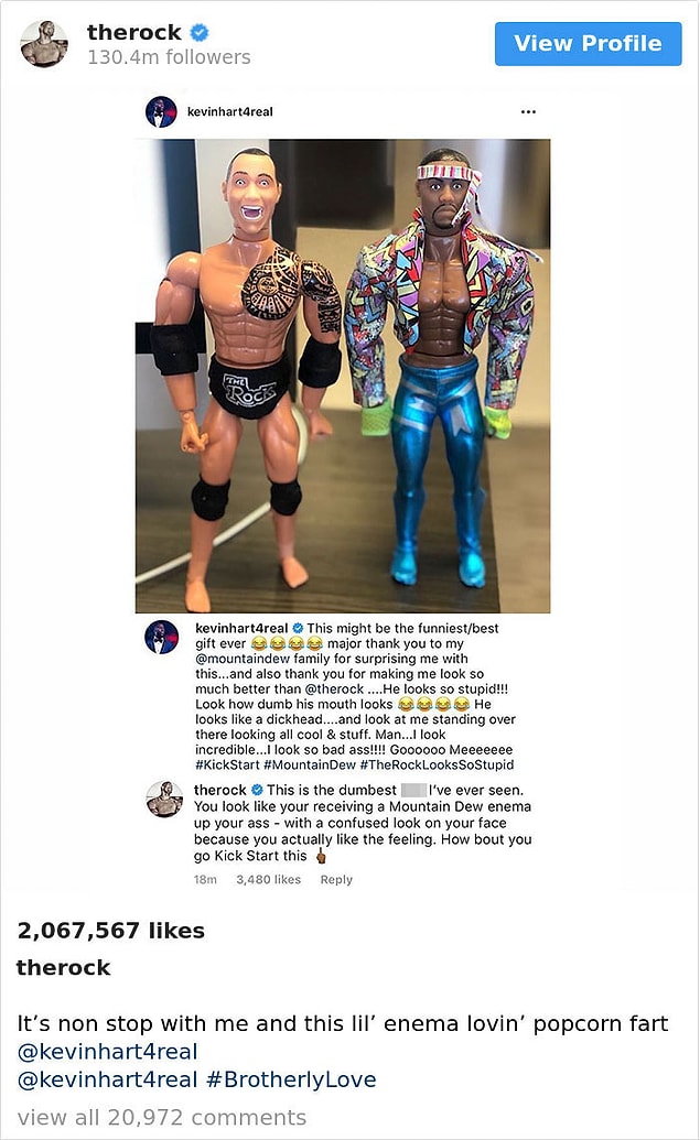 They also keep commenting on each other's photos. Kevin Hart was exited about these dolls and Dwayne just couldn't resist and made a comment.