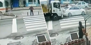 Yaya Geçidinde Yayaya Yol Vermek İçin Yavaşlayan Araca Arkadan Çarpan Çöp Kamyonu