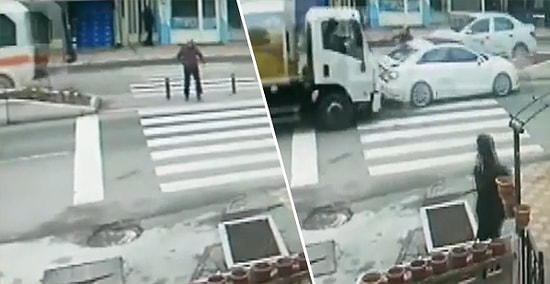 Yaya Geçidinde Yayaya Yol Vermek İçin Yavaşlayan Araca Arkadan Çarpan Çöp Kamyonu
