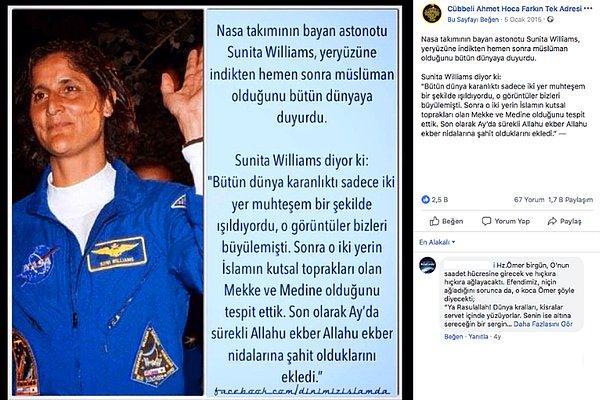 3. "NASA astronotu Sunita Williams’ın Ay’dan döndükten sonra Müslüman olduğu iddiası."