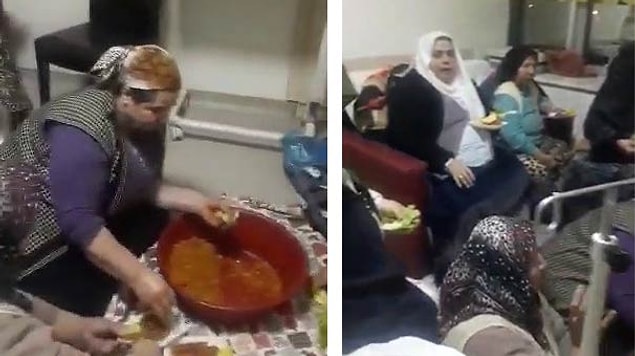 11 kadın hasta ve refakatçilerin çiğ köfte partisi, hastane odasında bulunan bir kişi tarafından cep telefonuyla kaydedildi.