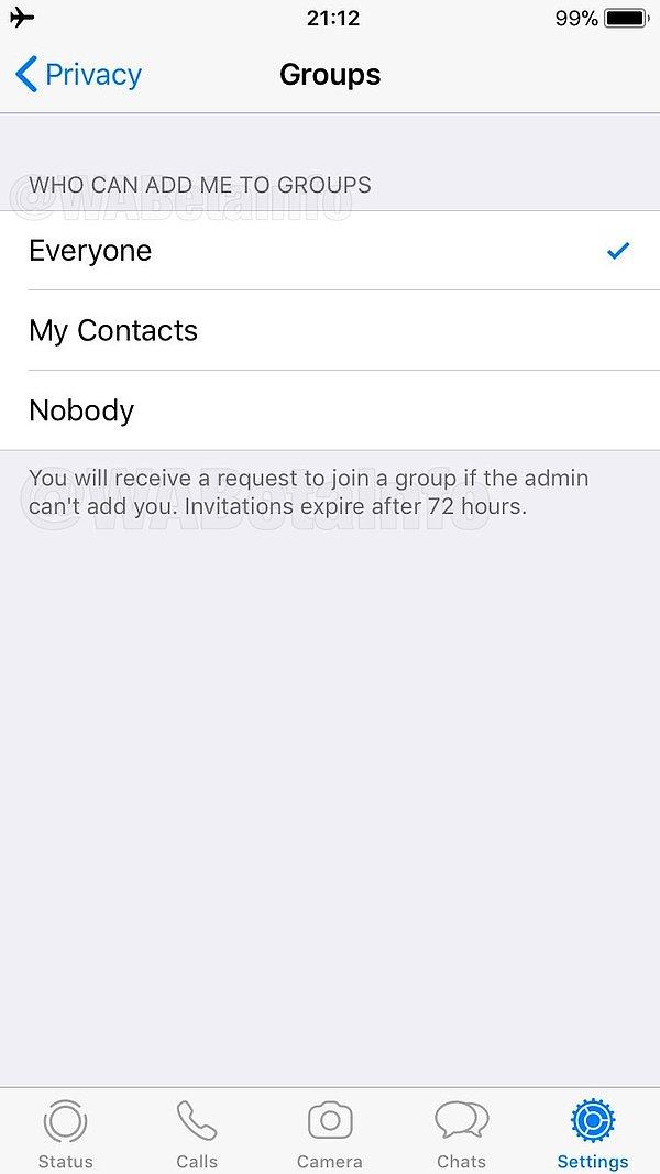 Yayınlandığında da WhatsApp Ayarlar-Hesap-Gizlilik-Gruplar adımıyla sizi kimin gruplara alabileceğini seçebileceksiniz.