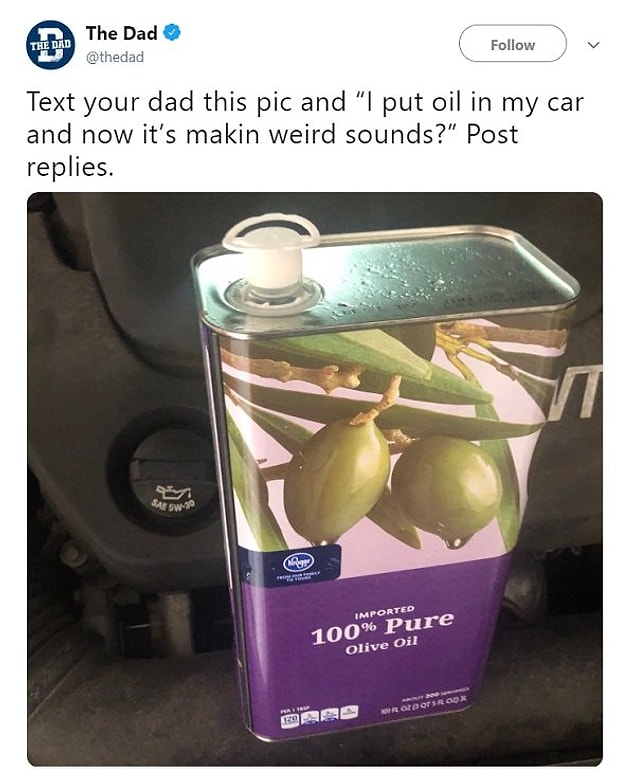 "TheDad" want people to troll their dads telling them "I put olive oil in my car and now it's makin weird sounds?"