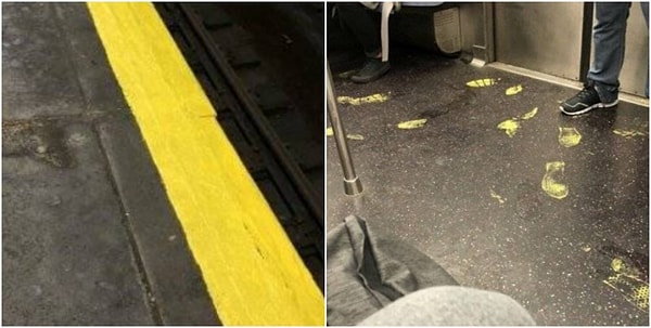 1. Нью-Йорк, метро, среда, 9:30 утра. Кто-то наложил свеженький слой желтой краски на платформу. И результат не заставил себя долго ждать.