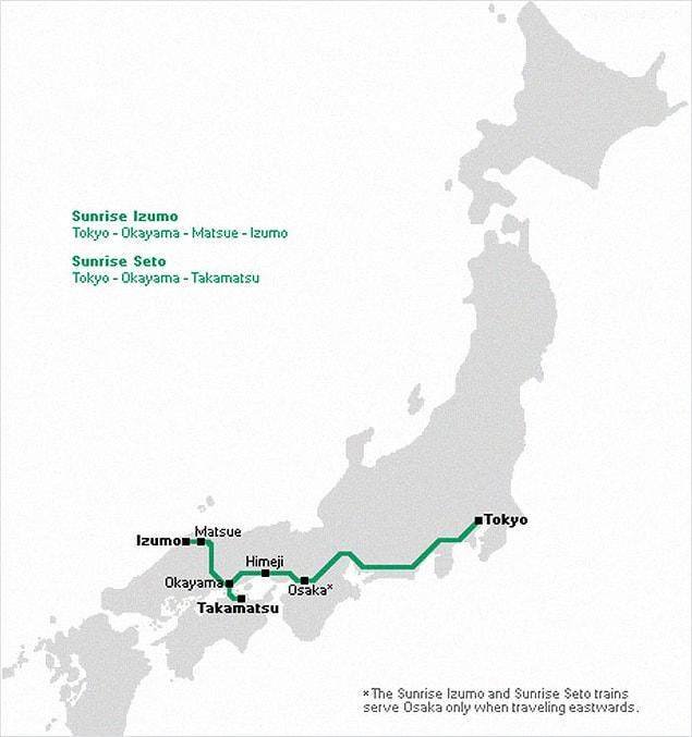 At 10 pm, the daily trains depart Tokyo and arrive at Takamatsu at 7:27 am, and to Izumoshi, at 9.58 am.