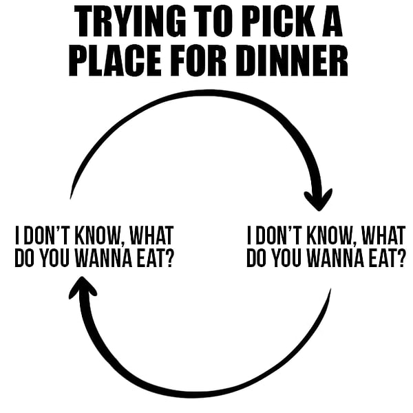 3. Выбор ресторана, куда сходить поужинать. - Я не знаю, что хочу поесть, а ты что хочешь? - И я не знаю, а ты?