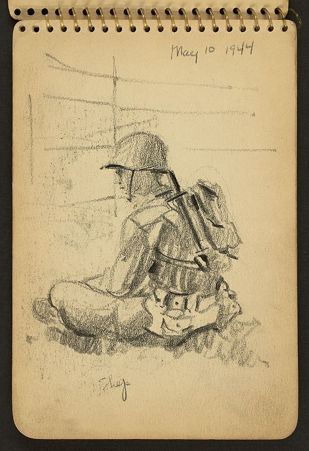 Shep sitting cross-legged in his helmet and knapsack while stationed at Fort Jackson, South Carolina, May 10.