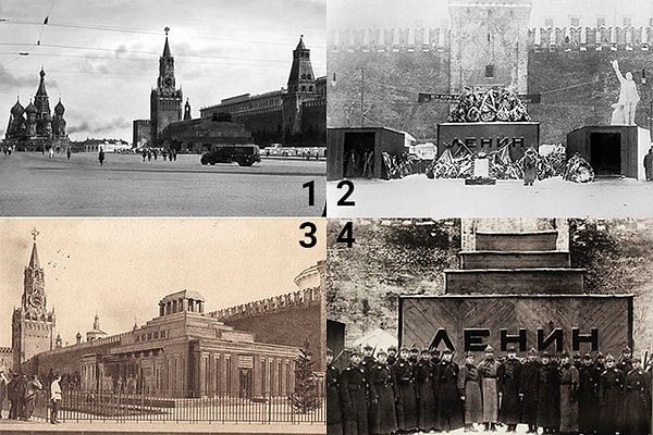 2. После смерти Ленина архитектор А. В. Щусев предложил несколько проектов мавзолея. Какое здание из этих четырех - то, который находится на Красной площади сейчас?