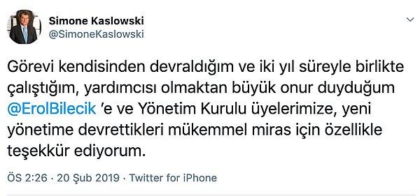 Kaslowski, başkan seçilmesinin ardından Twitter hesabından eski yönetime teşekkür mesajı paylaştı.