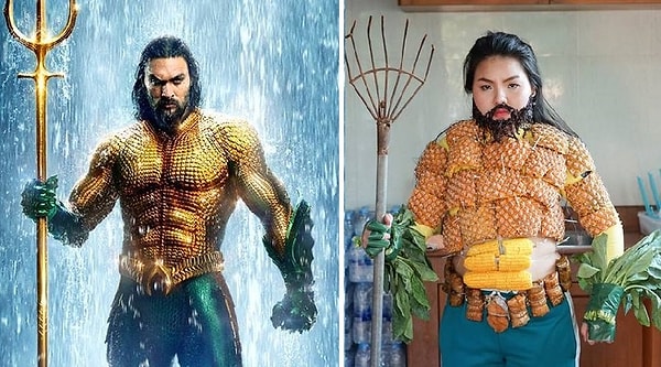 Тайская звезда соцсетей Benjaphorn "Sine" Chetsadakan недавно умудрилась сделать костюм Аквамена из ананасов, кукурузы и овощей.