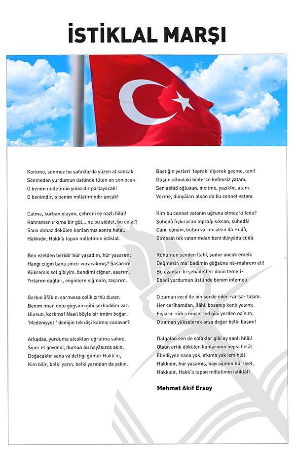 1921: Mehmet Âkif Ersoy'un sözlerini yazdığı "İstiklâl Marşı", Maarif Vekili (Millî Eğitim Bakanı) Hamdullah Suphi Tanrıöver tarafından, Meclis'te ilk kez okundu.