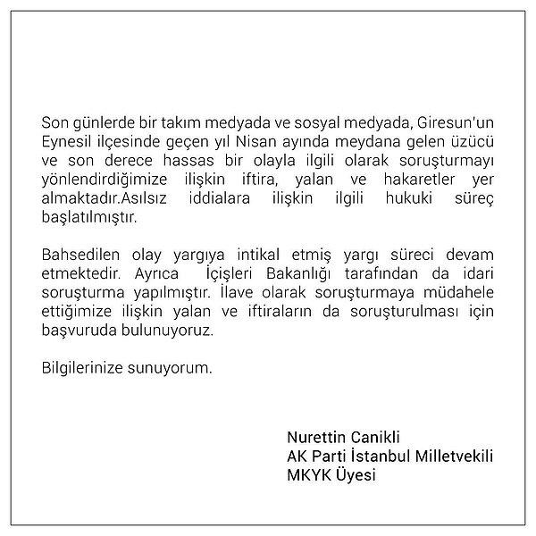 Baba Şaban Vatan'ın olayı örtbas etmekle suçladığı isimlerden AKP İstanbul Milletvekili, MKYK Üyesi Nurettin Canikli dün Twitter'dan şu açıklamayı yaptı 👇