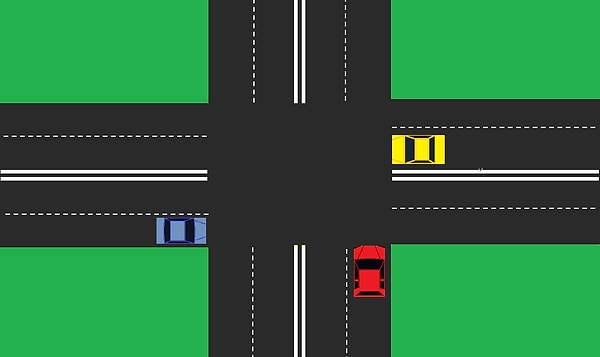 6. Перед вами неконтролируемый перекресток. Каким должен быть порядок проезда машин?