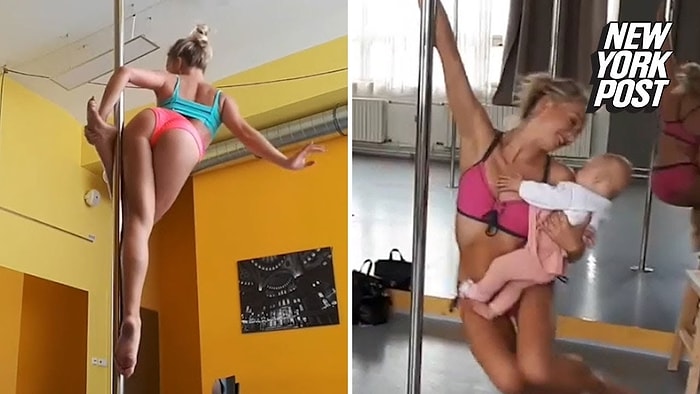 Kucağında Bebeğiyle Direk Dansı Yapan Profesyonel Direk Dansçısı