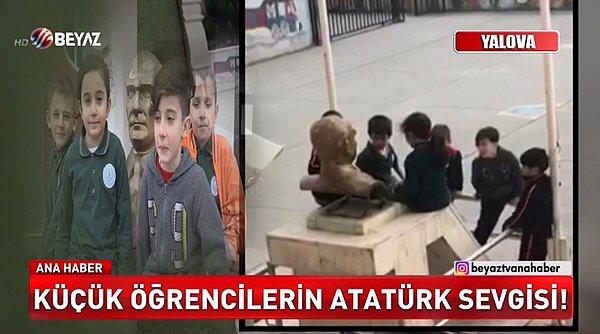Koru beldesi Çalıca Mahallesi'ndeki okulda, 22 Şubat'ta okul çıkışı servis aracını beklerken oyun oynayan ilkokul öğrencileri, bahçedeki Atatürk büstünü öptü.