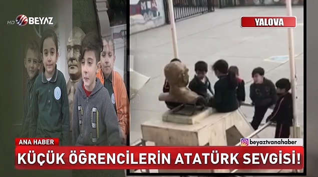 Koru beldesi Çalıca Mahallesi'ndeki okulda, 22 Şubat'ta okul çıkışı servis aracını beklerken oyun oynayan ilkokul öğrencileri, bahçedeki Atatürk büstünü öptü.