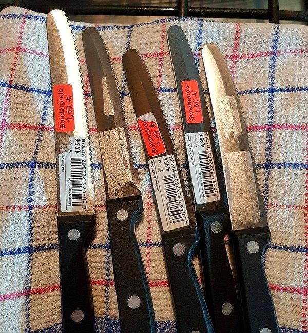 3. Yeni alınan bu mutfak bıçaklarının üzerindeki etiketleri çıkartmak gerçekten çok zor.