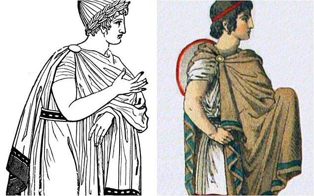 2. Eski Yunan erkeklerinin askerde veya at üzerindeyken giydiği kısa pelerine "Chlamys" denir. Dörtgen veya oval kumaş, soldan sağa omuzlar üzerinden atılır ve sağ kolu açıkta kalacak şekilde, sağ omuz üzerinde iğne veya broşla tutturulurdu.