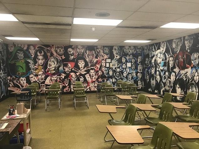 14. “This is my classroom. I’m a 7th grade social studies teacher, but I love to draw, so I’ve made my room my own studio the past 3 years. Almost all the walls are covered. The kids love it!”