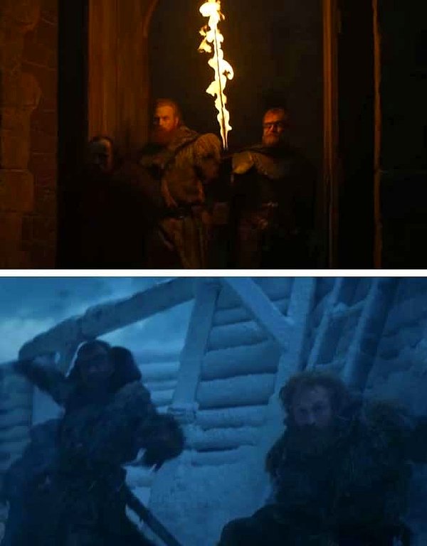 Daha sonra Eddison Tollett'i, kızıl saçlımız Tormund'u ve Berit Dondarrion'u görüyoruz. Tormund ve Beric'in Gece Kralı'nın Sur'daki buz ejderhası saldırısından canlı kurtulduğunu görmek içimizi rahatlatıyor.