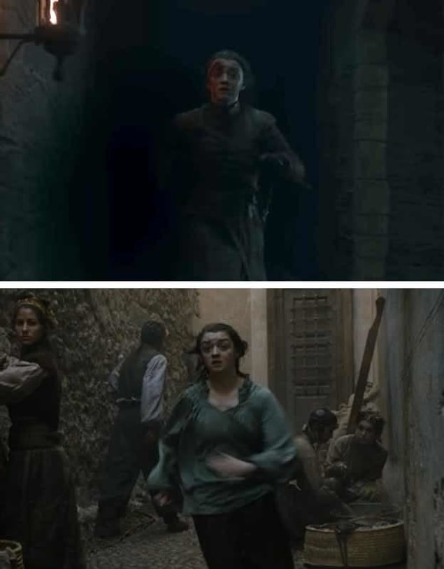 In the opening, Arya seems like running from someone/something.