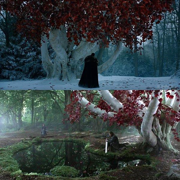 Jon'un "weirwood" ağacının altında verdiği bu güzel görüntü, 1. sezondaki Ned'i yansıtıyor.