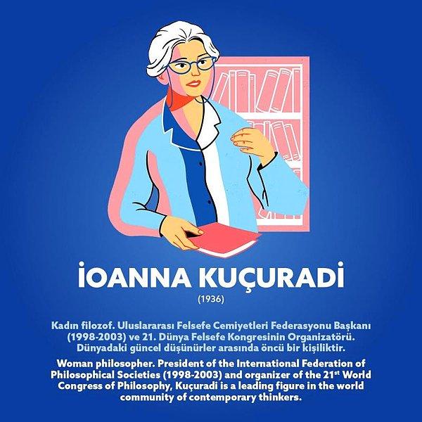 İoanna Kuçuradi (b. 1936) Kadın filozof. Uluslararası Felsefe Cemiyetleri Federasyonu Başkanı (1998-2003) ve 21nci Dünya Felsefe Kongresinin Organizatörü. Türk filozof Ioanna Kuçuardı, dünyadaki güncel düşünürler arasında öncü bir kişiliktir.