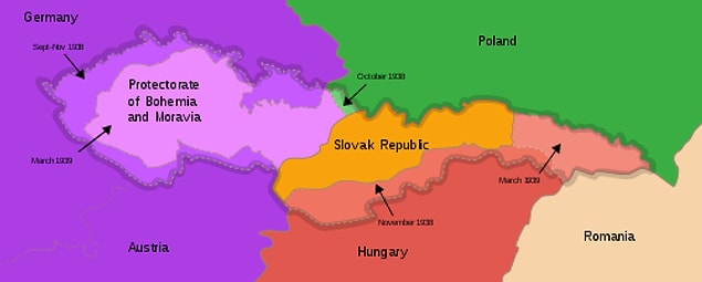 1939: Cumhurbaşkanı Emil Hácha, Nazi Almanyası'nın İkinci Çekoslovak Cumhuriyeti'nin ilhakını kabul etti ve Bohemya ve Moravya Protektorası ilan edildi.
