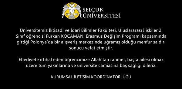 Selçuk Üniversitesi Kocaman'ın hayatını kaybetmesinin ardından başsağlığı mesajı yayınladı