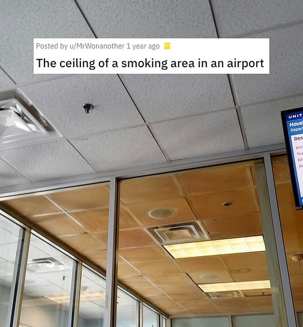 7. Зацените разницу между потолками в зоне ожидания и зоне для курения в аэропорту.