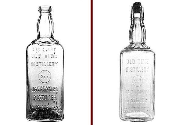Illinois Alton Cam Şirketi’nden bir satıcının, kendisine yivle süslenmiş bir boynu olan, köşeli, yeni ve hiç kimsenin kullanmadığı bir şişe tasarımı göstermesiyle, Jack Daniel’s köşeli şişelerde pazarlanmaya başlamış oldu.