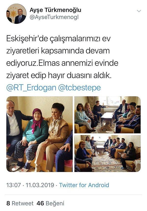Türkmenoğlu, dün attığı bir tweette, seçim ziyaretleri kapsamında bir evi ziyaret ettiğini duyurdu, Erdoğan'ı ve Beştepe'yi etiketlemedi de unutmadı.