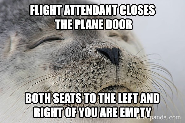 2. То чувство, когда стюардесса закрывает дверь, и места слева и справа от тебя свободны