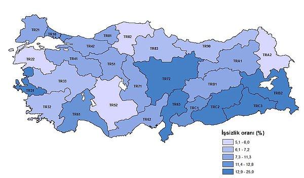 İşsizlik oranı en yüksek bölge %25 ile TRC3 (Mardin, Batman, Şırnak, Siirt) iken, işsizlik oranı en düşük bölge %5,1 ile TR82 (Kastamonu, Çankırı, Sinop) oldu.