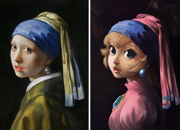 3. Картина Яна Вермеера "Девушка с жемчужной серёжкой" + персонаж видеоигр "Принцесса Пич"