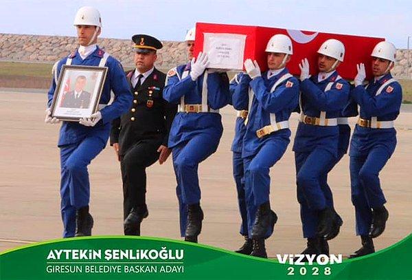 Geçtiğimiz günlerde Şırnak'ta şehit düşen Jandarma Astsubay Çavuş Burçin Damcı'nın, asker omuzundaki cenaze fotoğrafının altına, “Vizyon 2028” sloganı eşliğinde AKP adayının ismi yazıldı.